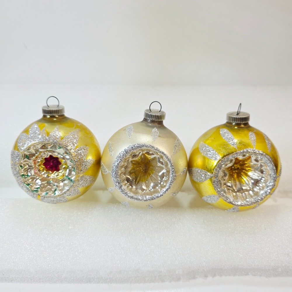 3 Vtg Christmas Indent Glass Ball Ornaments D.B.G.M. West Germany Glitter MCM